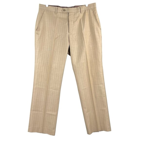 TZARELLI ITALY Mens Tan Wool Striped Dress Pants 34x27.5 Flat Front Straight Leg - Picture 1 of 11
